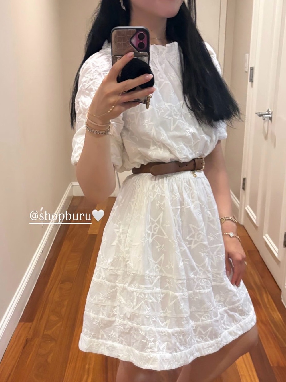 Shopburu White Star-Embroidered Puff-Sleeve Mini Dress